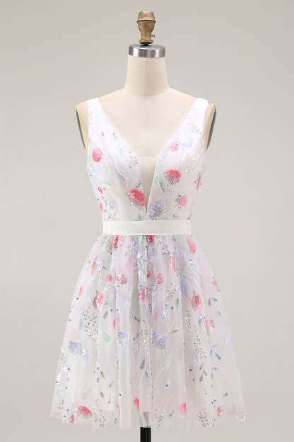 Leely Women Sparkly White Floral Short Homecoming Dress with Sequins V-Neck A Line Party Dress