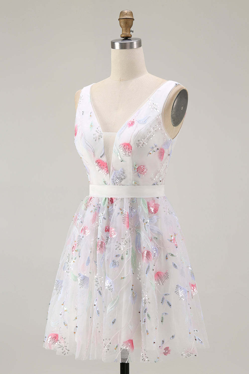 Sparkly White A Line V-Neck Short Homecoming Dress with Sequins