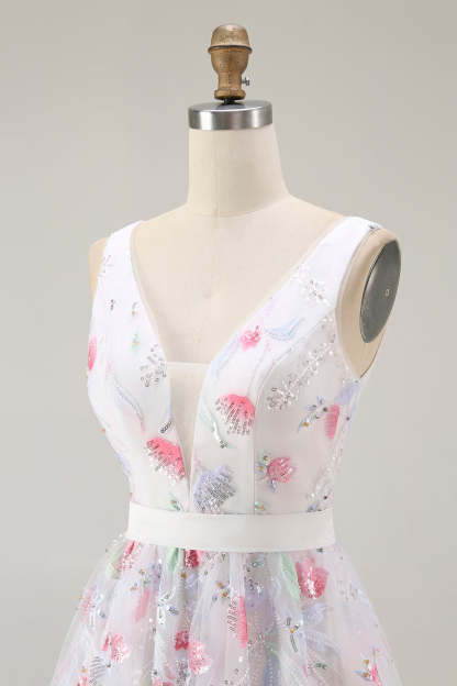 Sparkly White A Line V-Neck Short Homecoming Dress with Sequins