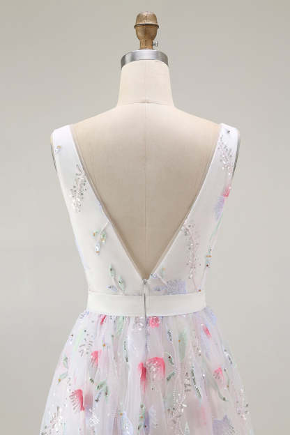 Sparkly White A Line V-Neck Short Homecoming Dress with Sequins