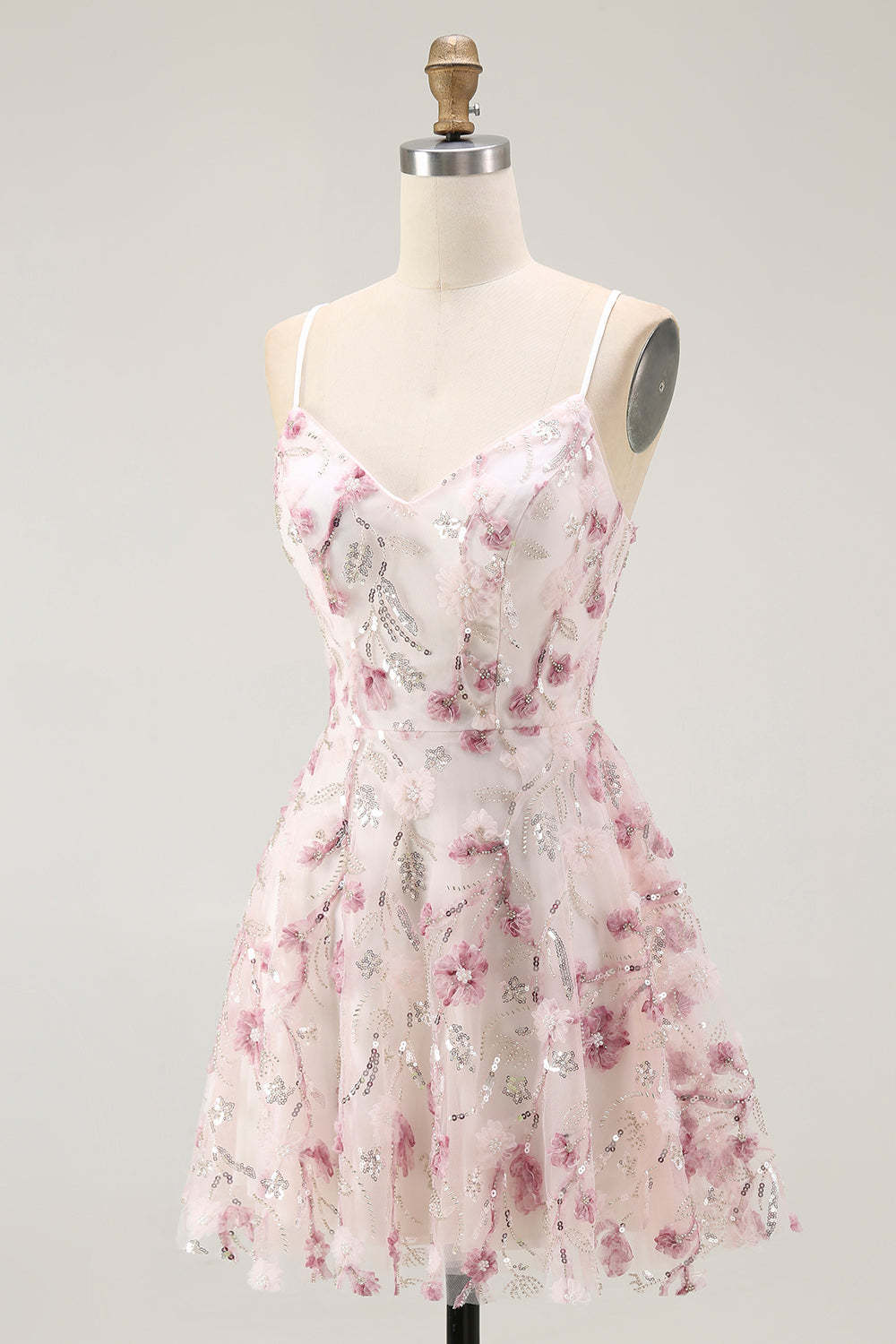 Sparkly Pink Floral A Line Short Homecoming Dress with Sequins