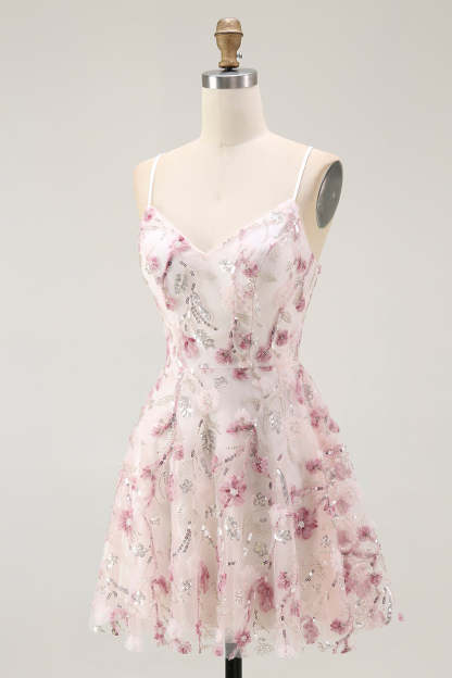 Sparkly Pink Floral A Line Short Homecoming Dress with Sequins