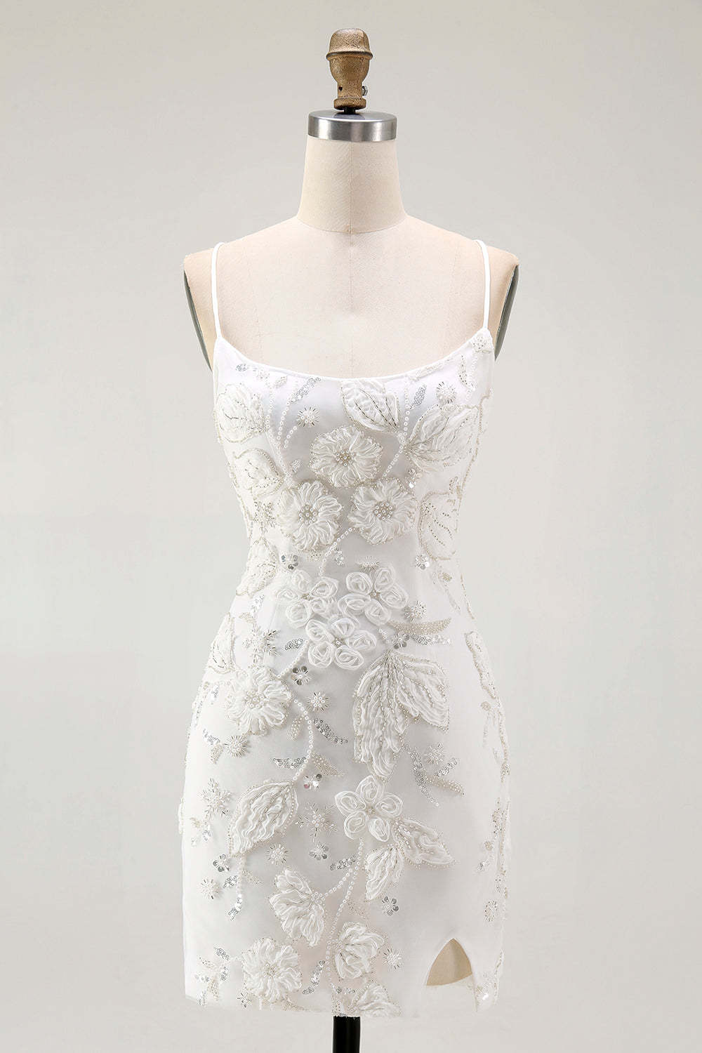 Leely Women Sparkly White Tight Short Homecoming Dress with Beading Floral Lace Up Back Spaghetti Straps Party Dress with Sequins