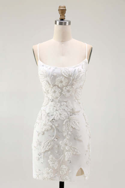 Leely Women Sparkly White Tight Short Homecoming Dress with Beading Floral Lace Up Back Spaghetti Straps Party Dress with Sequins