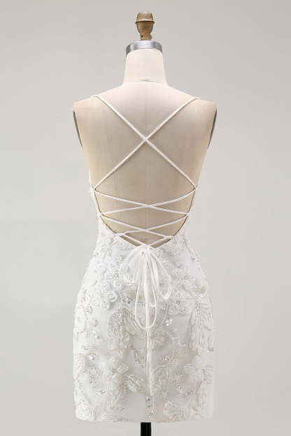 Sparkly Tight Floral Short Little White Dress with Beading