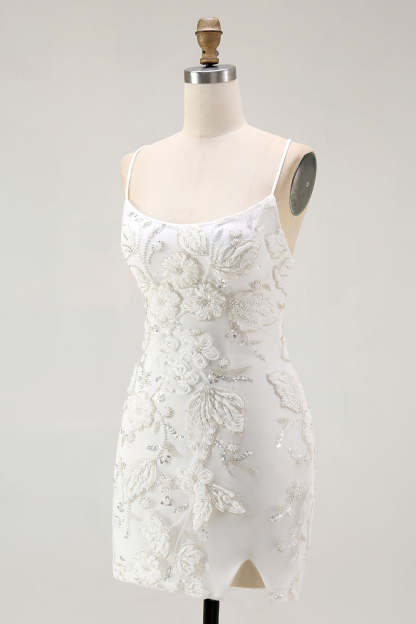 Sparkly Tight Floral Short Little White Dress with Beading