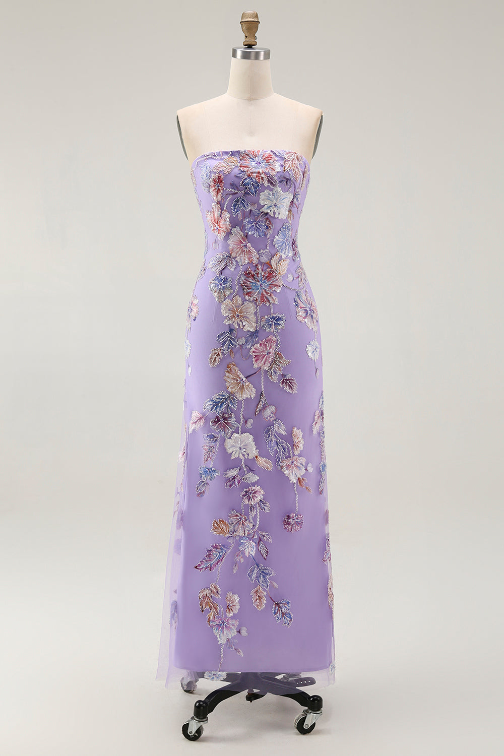 Sparkly Purple Strapless Floral Maxi Prom Dress with Beading