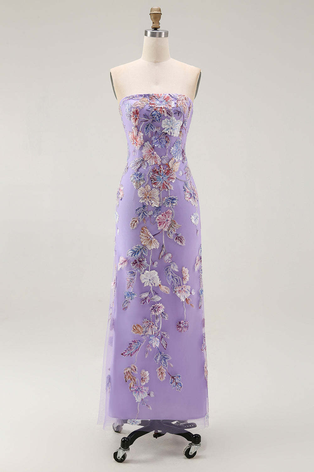Leely Women Sparkly Purple Floral Maxi Prom Dress with Beading Strapless Sheath Gala Dress