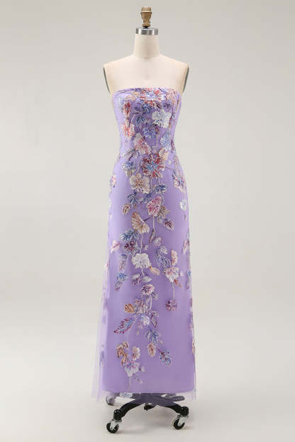 Leely Women Sparkly Purple Floral Maxi Prom Dress with Beading Strapless Sheath Gala Dress