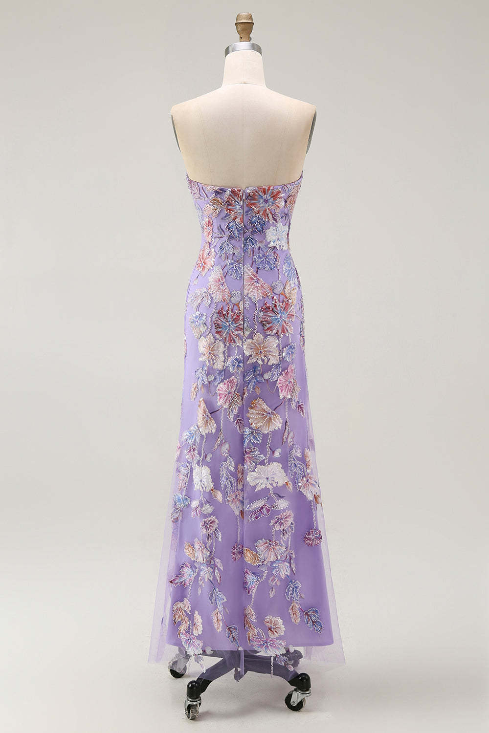 Sparkly Purple Strapless Floral Maxi Prom Dress with Beading