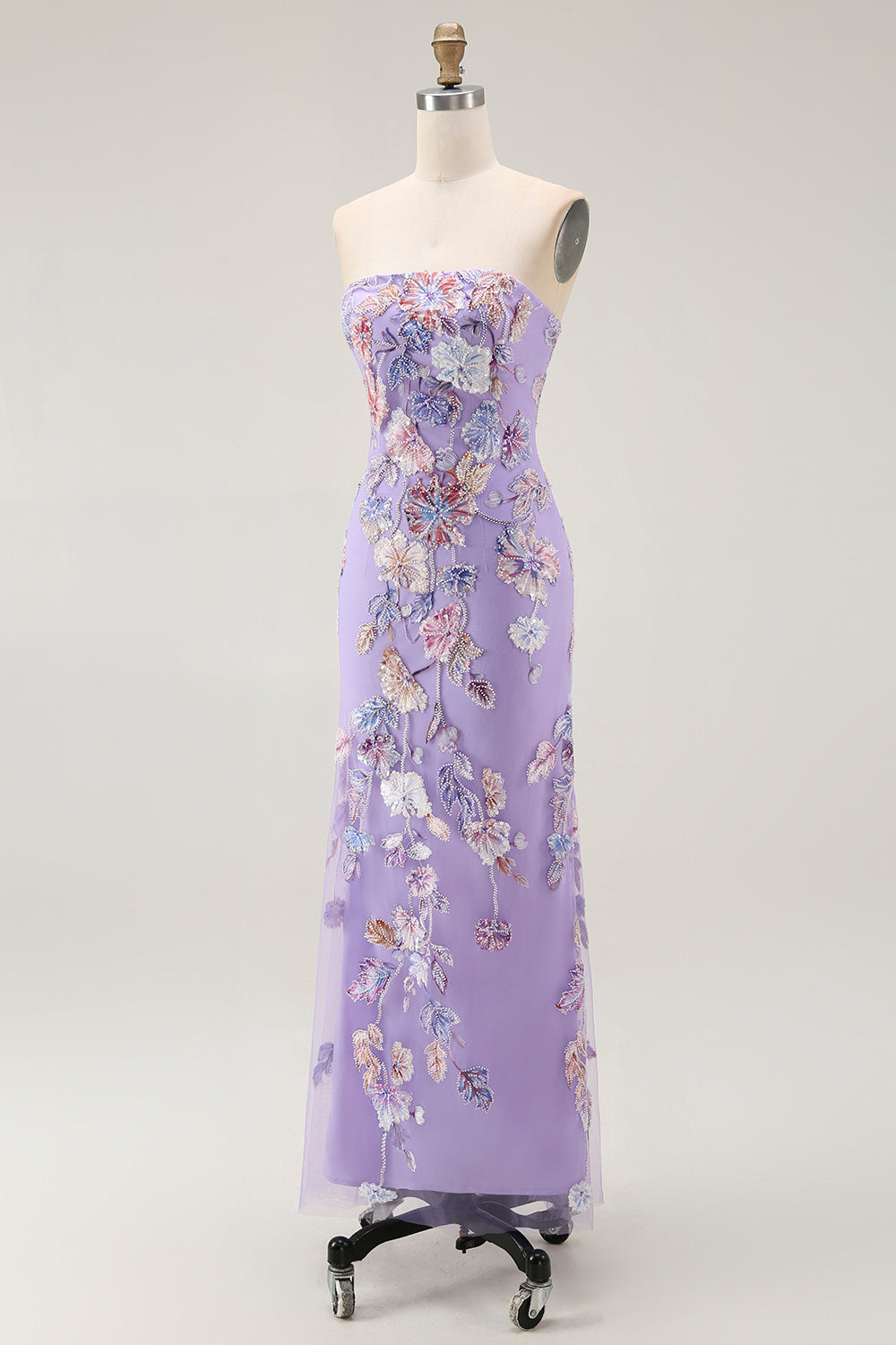 Sparkly Purple Strapless Floral Maxi Prom Dress with Beading