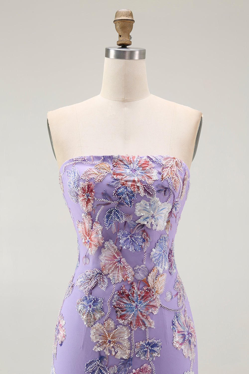 Sparkly Purple Strapless Floral Maxi Prom Dress with Beading