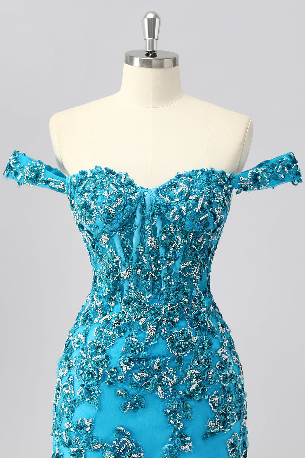 Sparkly Blue Corset Off the Shoulder Beaded Short Homecoming Dress