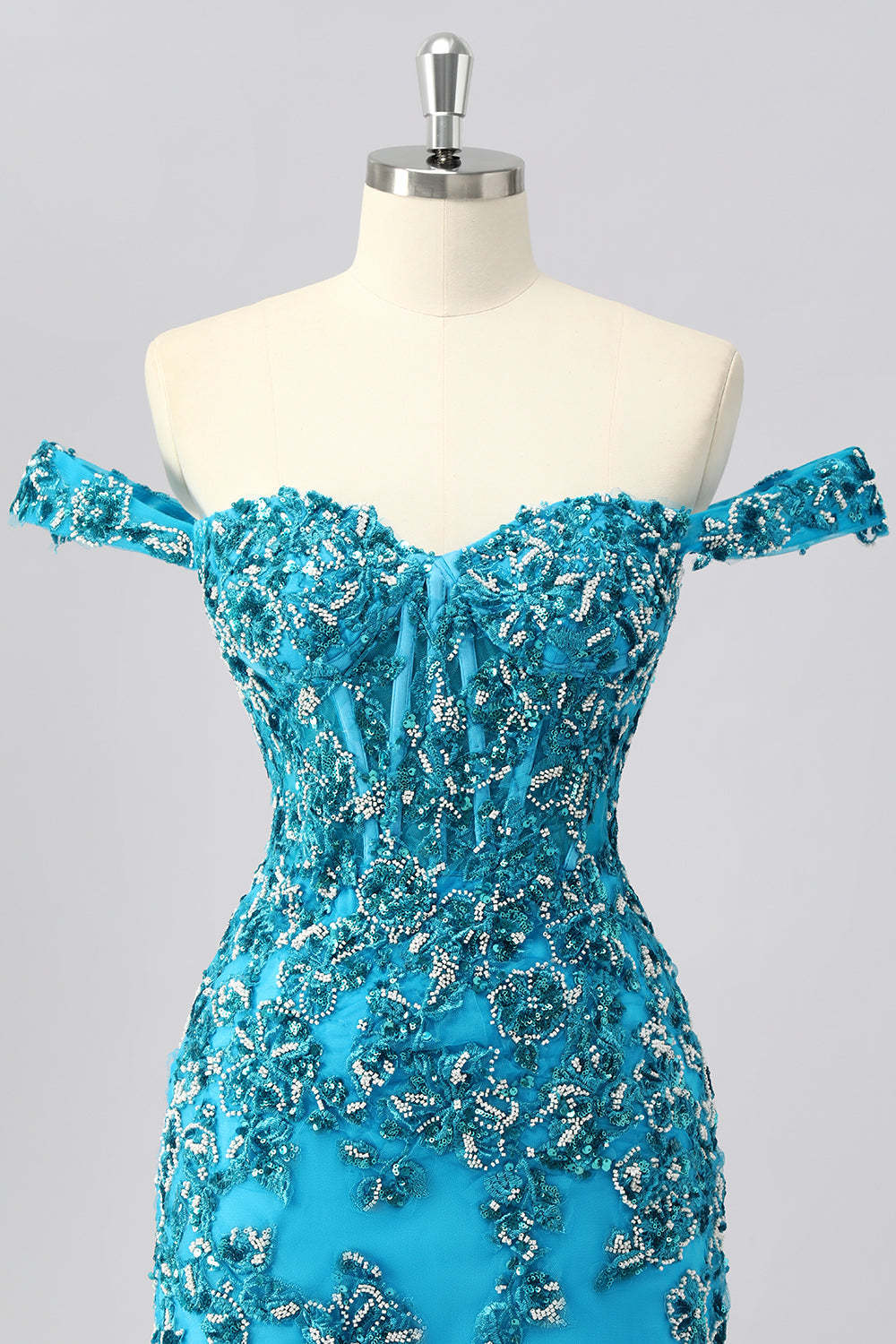 Sparkly Blue Corset Off the Shoulder Beaded Short Homecoming Dress
