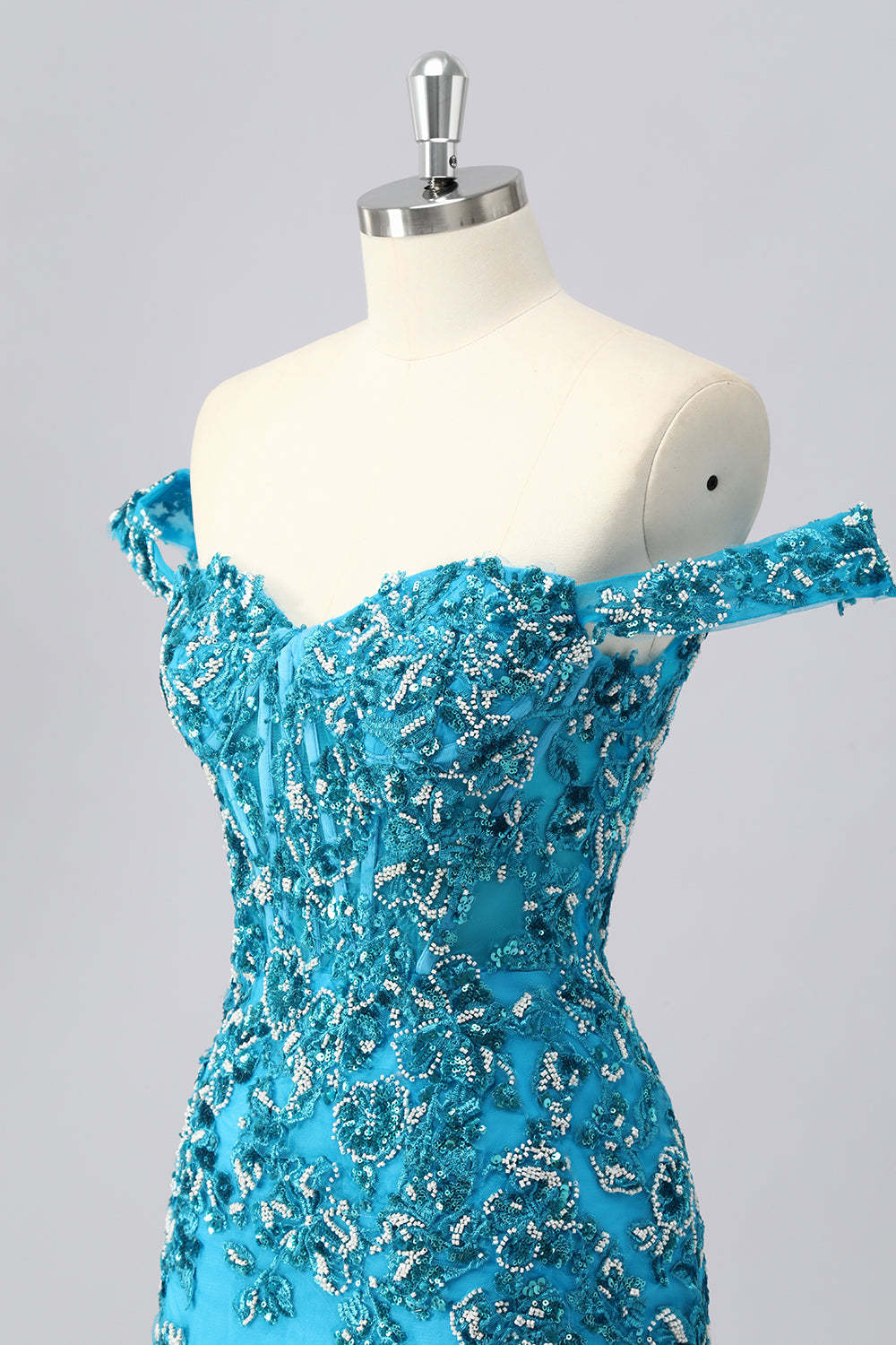 Sparkly Blue Corset Off the Shoulder Beaded Short Homecoming Dress