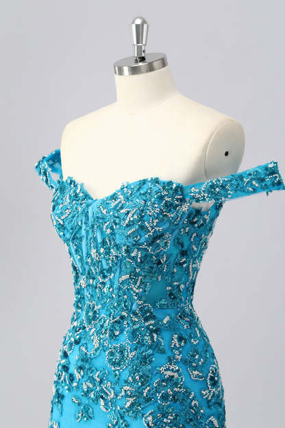 Sparkly Blue Corset Off the Shoulder Beaded Short Homecoming Dress