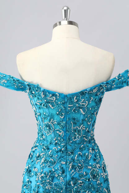 Sparkly Blue Corset Off the Shoulder Beaded Short Homecoming Dress