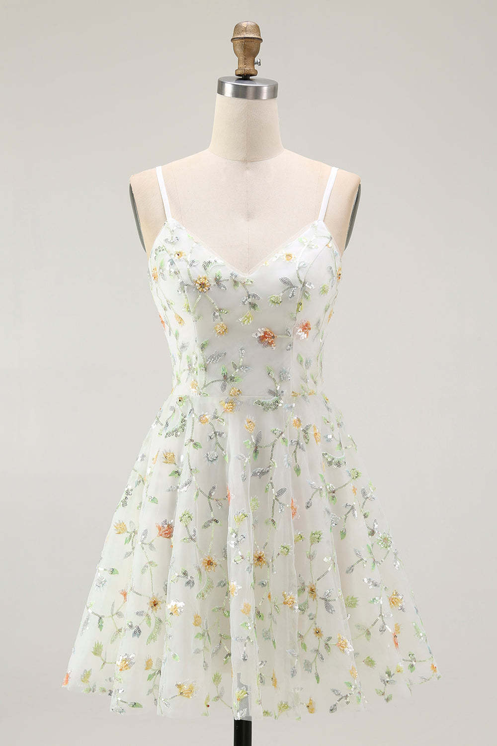 Leely Women Sparkly Green Floral Short Homecoming Dress with Sequins Spaghetti Straps A Line Party Dress