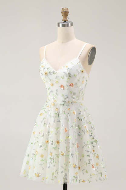 Sparkly Green Spaghetti Straps Floral Short Homecoming Dress with Sequins