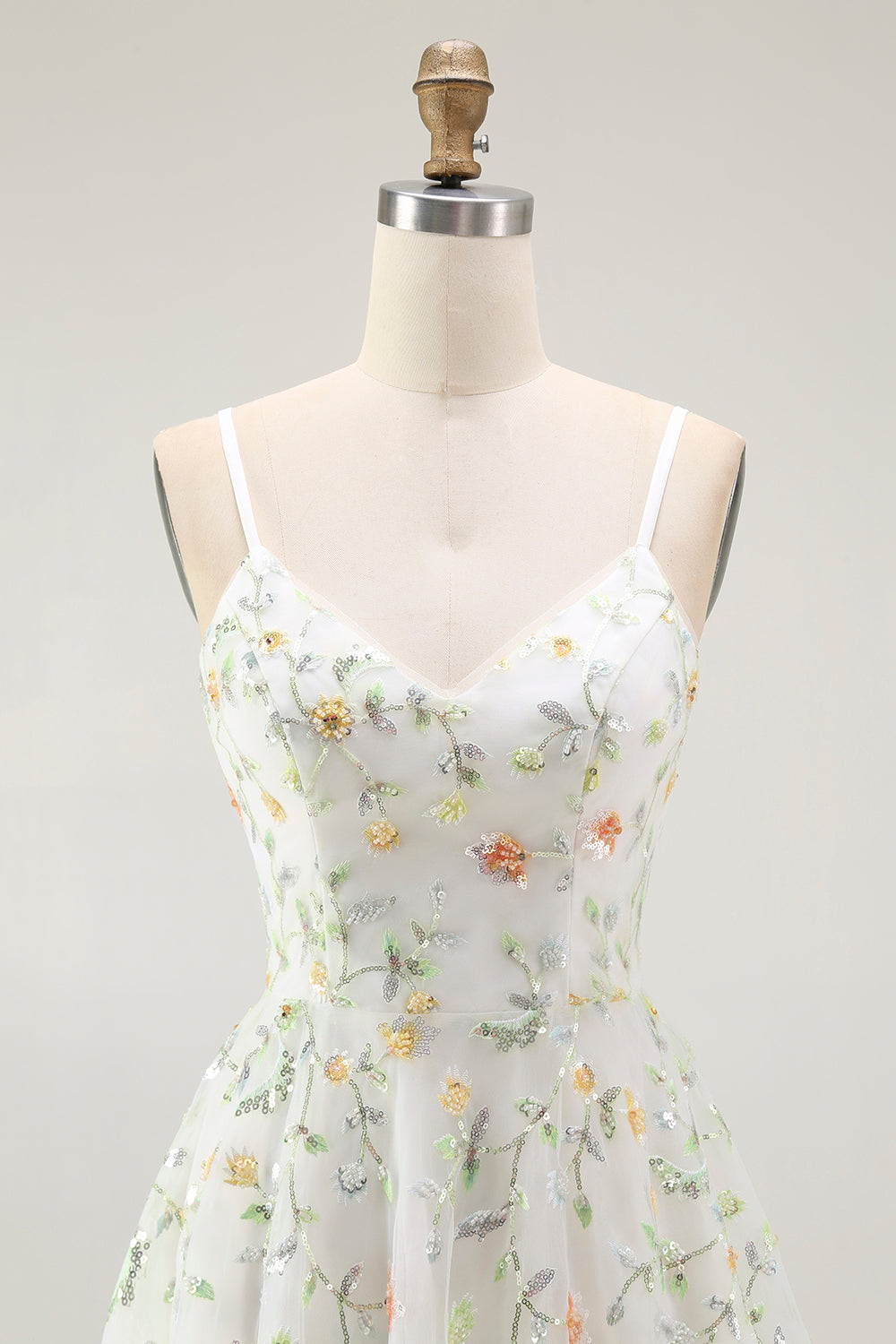 Sparkly Green Spaghetti Straps Floral Short Homecoming Dress with Sequins