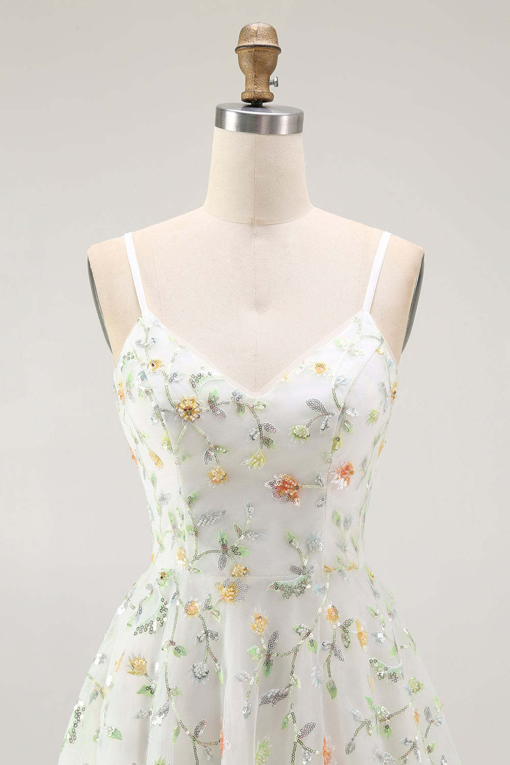 Sparkly Green Spaghetti Straps Floral Short Homecoming Dress with Sequins