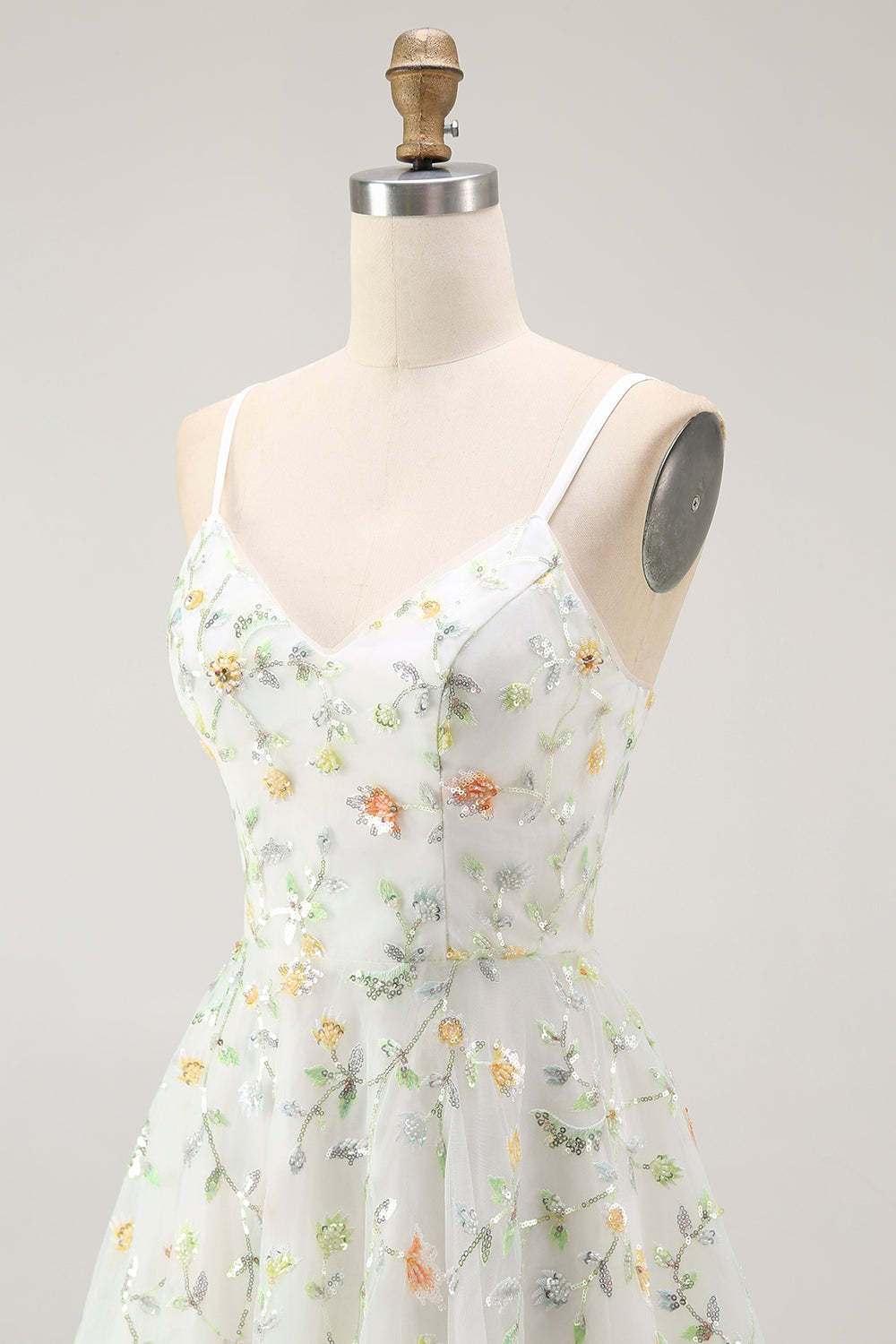 Sparkly Green Spaghetti Straps Floral Short Homecoming Dress with Sequins