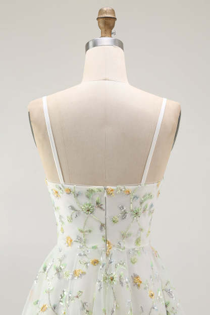 Sparkly Green Spaghetti Straps Floral Short Homecoming Dress with Sequins