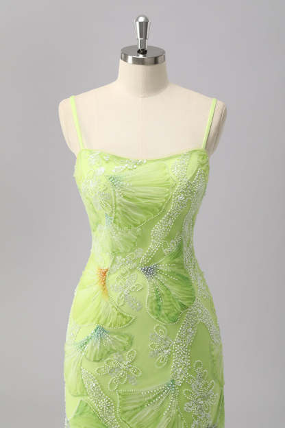 Green Sheath Sparkly Beaded Maxi Prom Dress with Slit