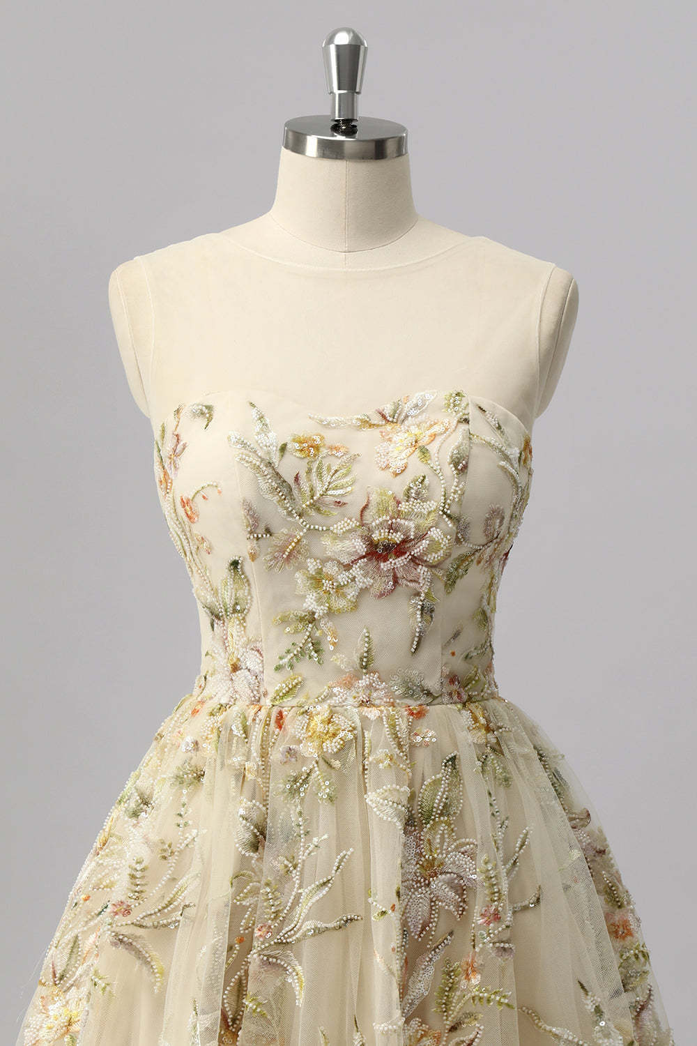 Apricot Floral A Line Short Sparkly Homecoming Dress with Beading