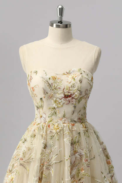 Apricot Floral A Line Short Sparkly Homecoming Dress with Beading