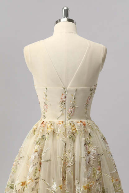 Apricot Floral A Line Short Sparkly Homecoming Dress with Beading