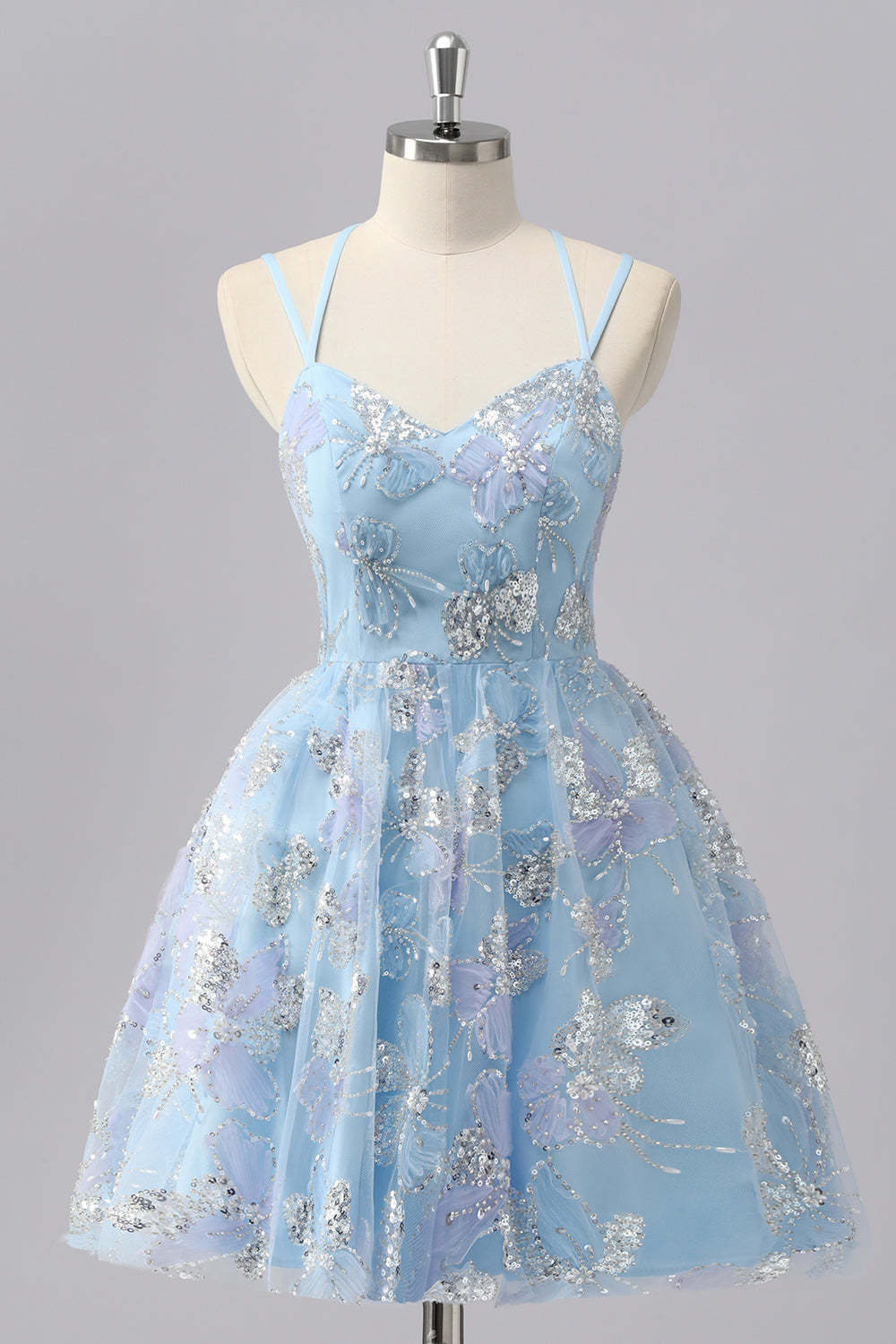 Leely Women Blue Sparkly Short A Line Homecoming Dress with Sequins Spaghetti Straps Embroidered Cocktail Dress