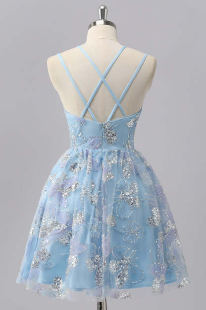 Blue Sparkly Spaghetti Straps Short A Line Homecoming Dress with Sequins