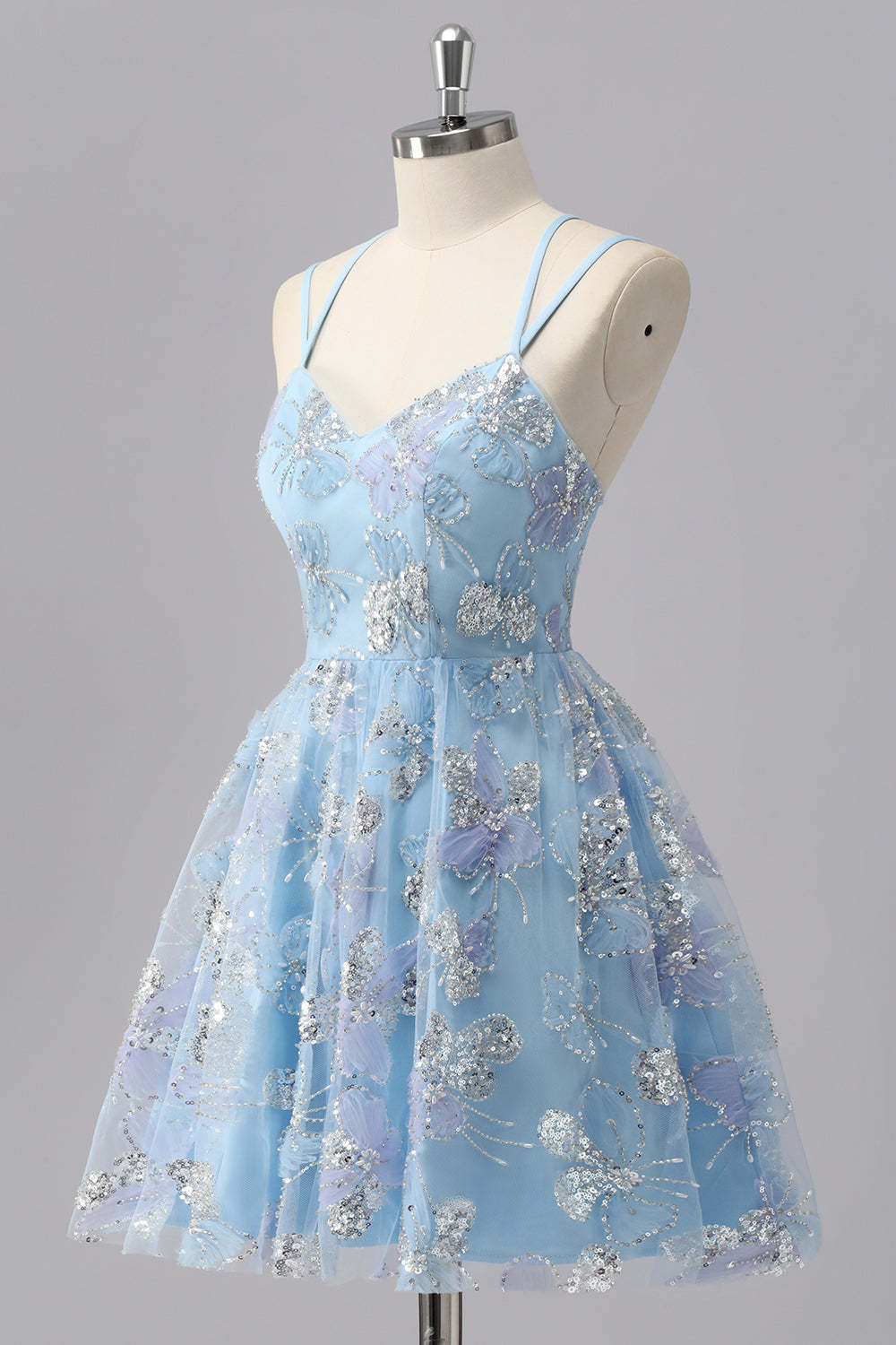 Blue Sparkly Spaghetti Straps Short A Line Homecoming Dress with Sequins