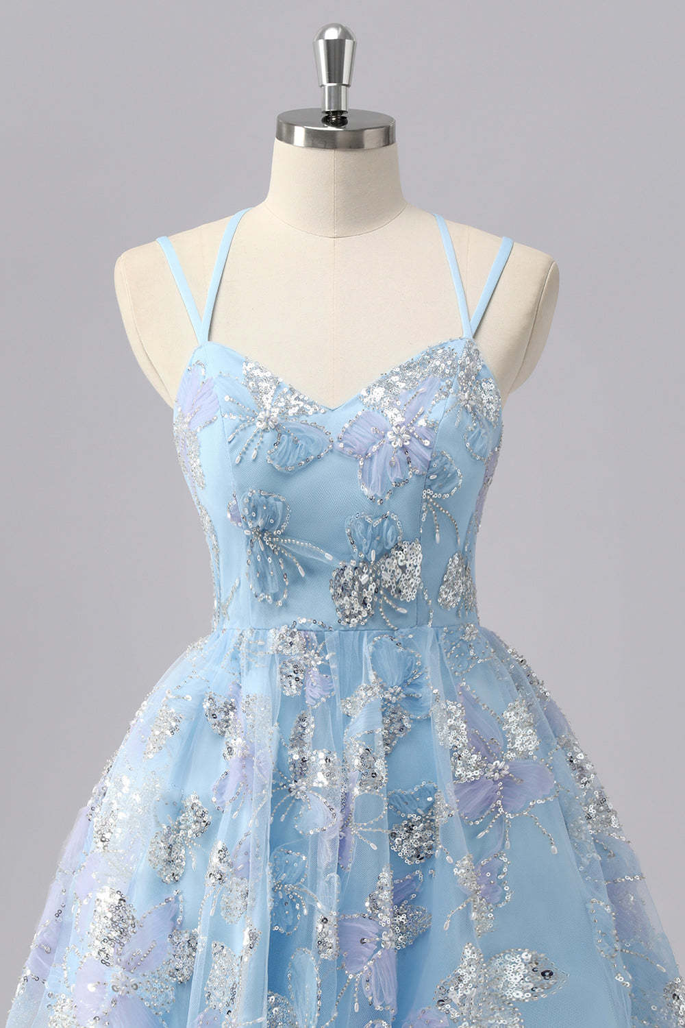 Blue Sparkly Spaghetti Straps Short A Line Homecoming Dress with Sequins