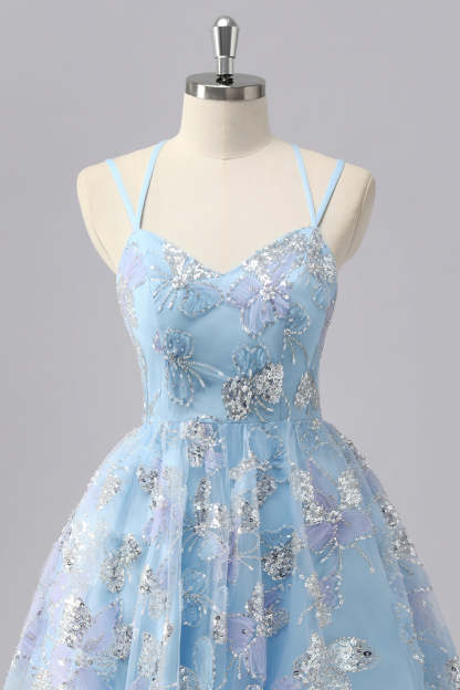 Blue Sparkly Spaghetti Straps Short A Line Homecoming Dress with Sequins