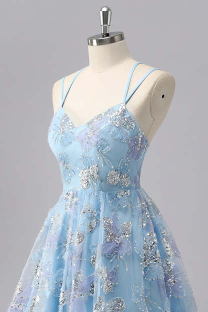 Blue Sparkly Spaghetti Straps Short A Line Homecoming Dress with Sequins