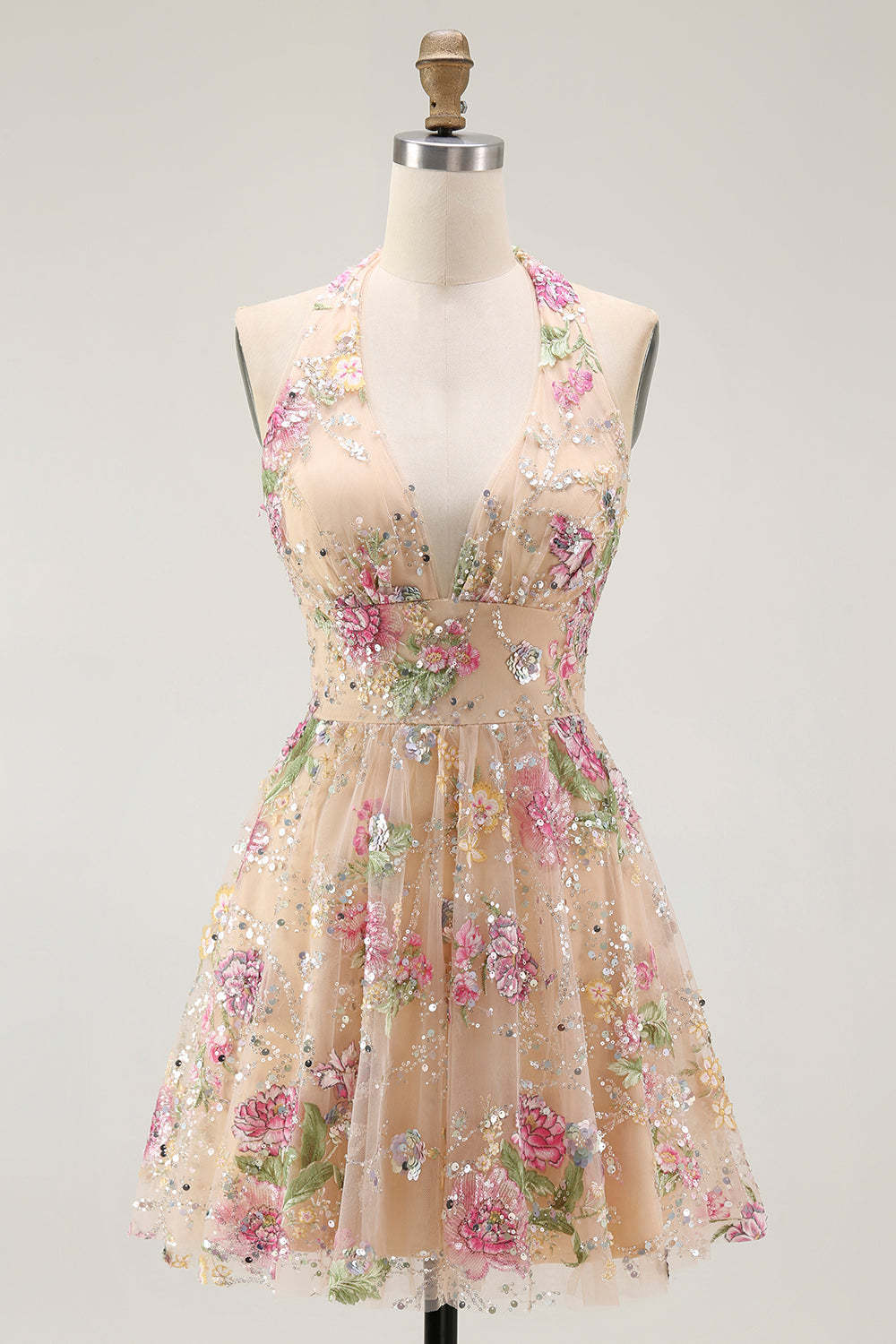 Leely Women Sparkly Champagne Floral Short Homecoming Dress with Sequins Halter Backless A Line Party Dress