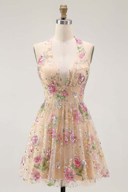 Leely Women Sparkly Champagne Floral Short Homecoming Dress with Sequins Halter Backless A Line Party Dress
