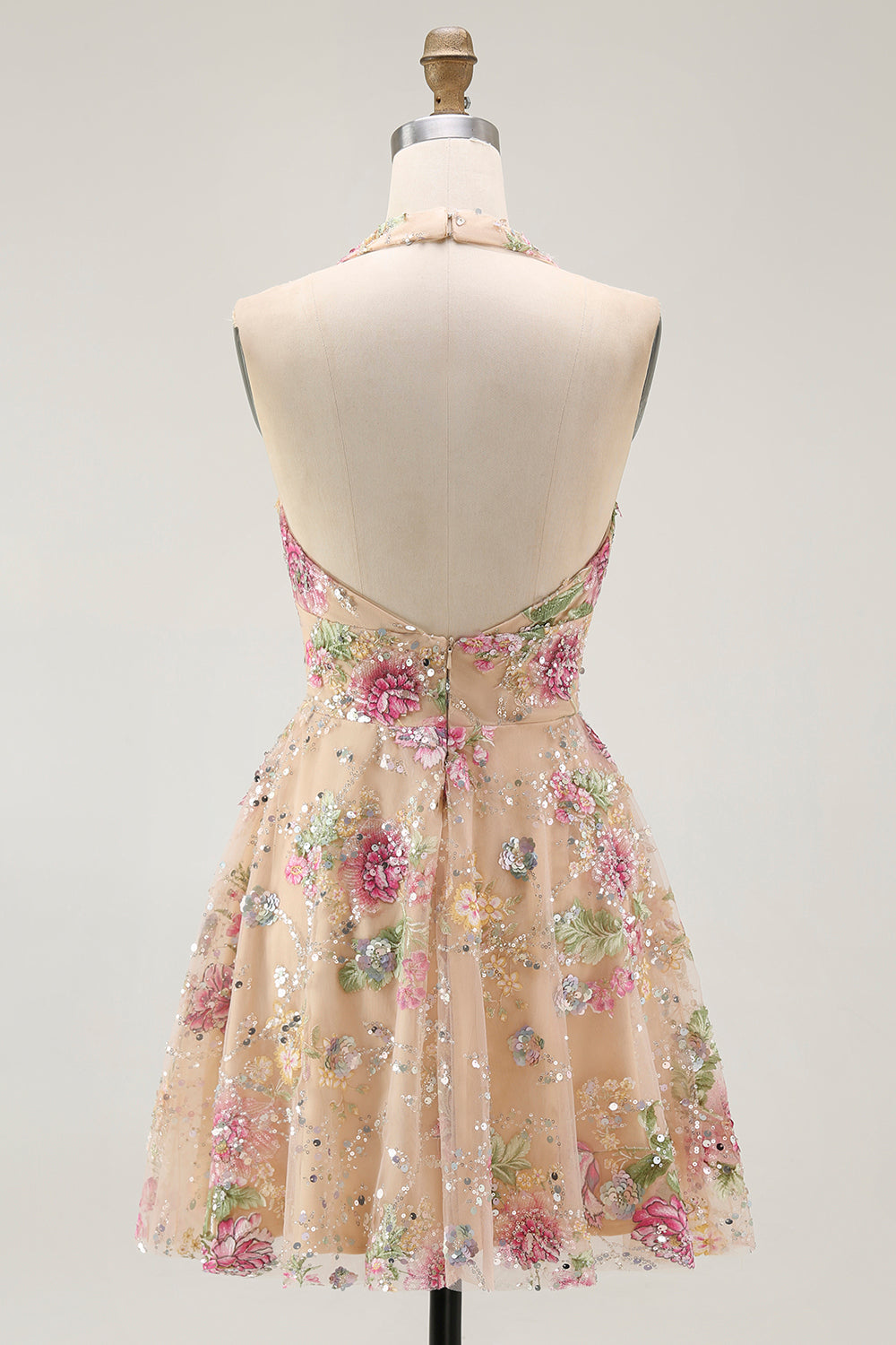 Sparkly Champagne Floral Halter Short Homecoming Dress with Sequins