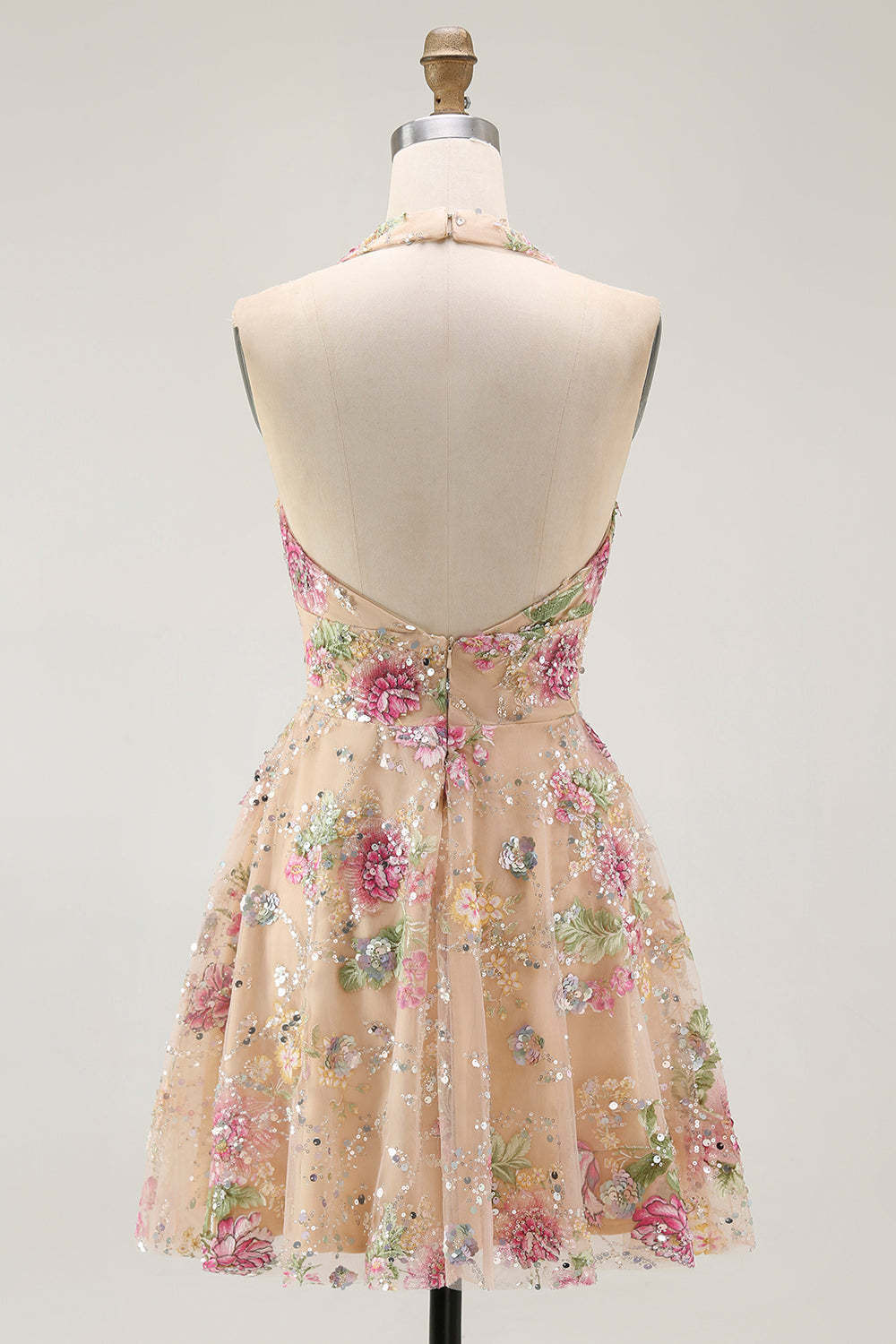 Sparkly Champagne Floral Halter Short Homecoming Dress with Sequins