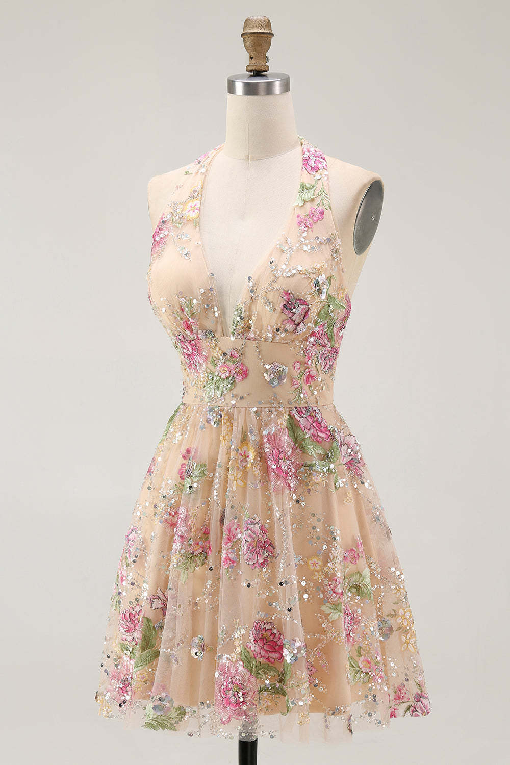 Sparkly Champagne Floral Halter Short Homecoming Dress with Sequins