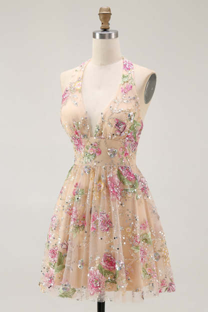 Sparkly Champagne Floral Halter Short Homecoming Dress with Sequins