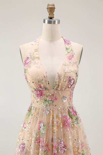 Sparkly Champagne Floral Halter Short Homecoming Dress with Sequins