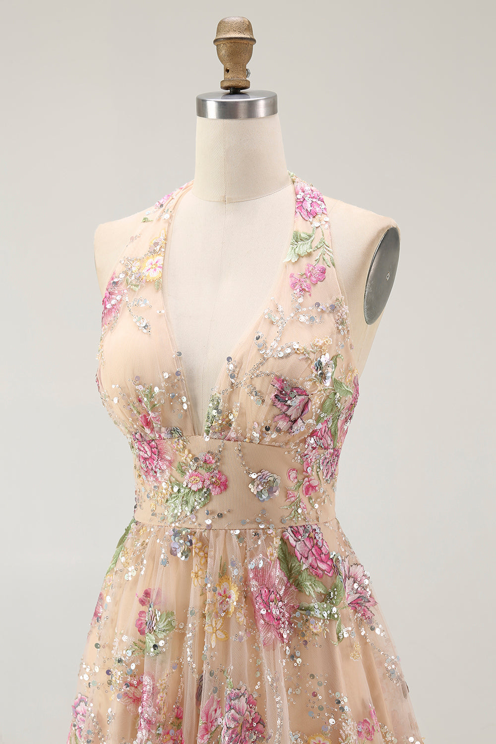 Sparkly Champagne Floral Halter Short Homecoming Dress with Sequins