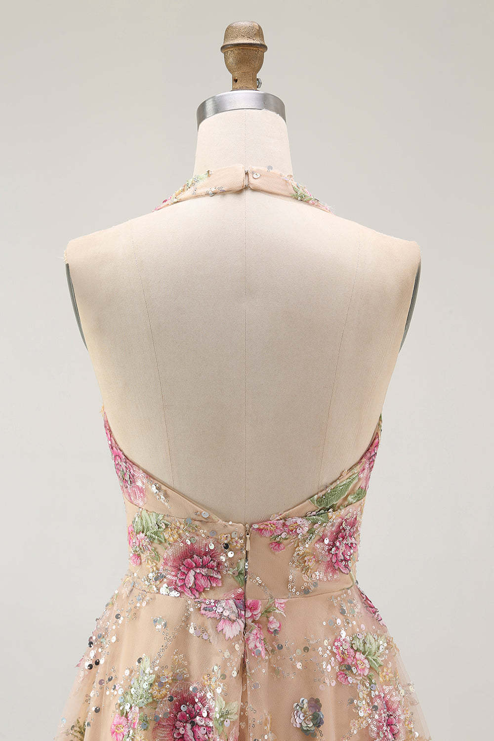 Sparkly Champagne Floral Halter Short Homecoming Dress with Sequins