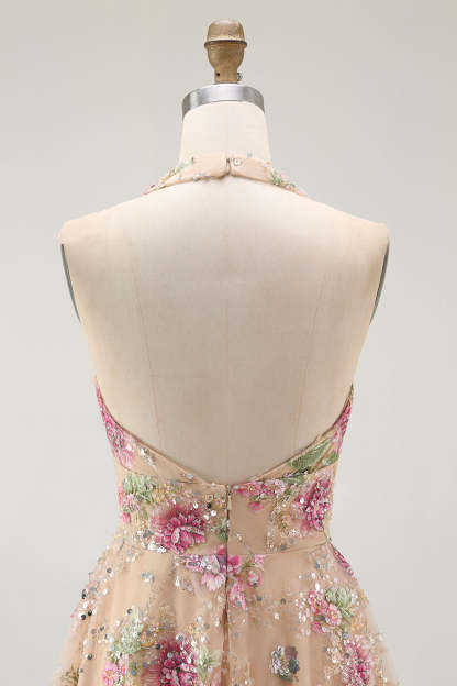 Sparkly Champagne Floral Halter Short Homecoming Dress with Sequins