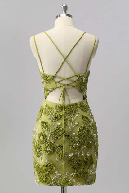 Sparkly Green Tight Floral Short Homecoming Dress with Beading