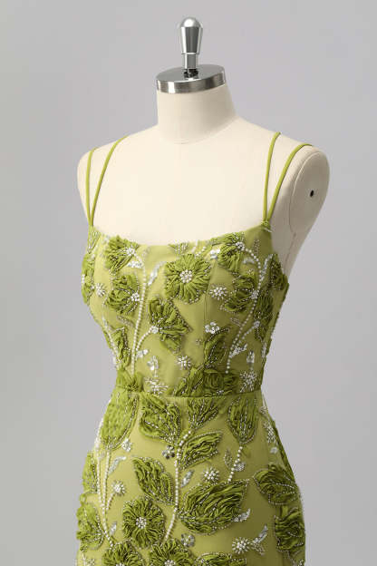 Sparkly Green Tight Floral Short Homecoming Dress with Beading