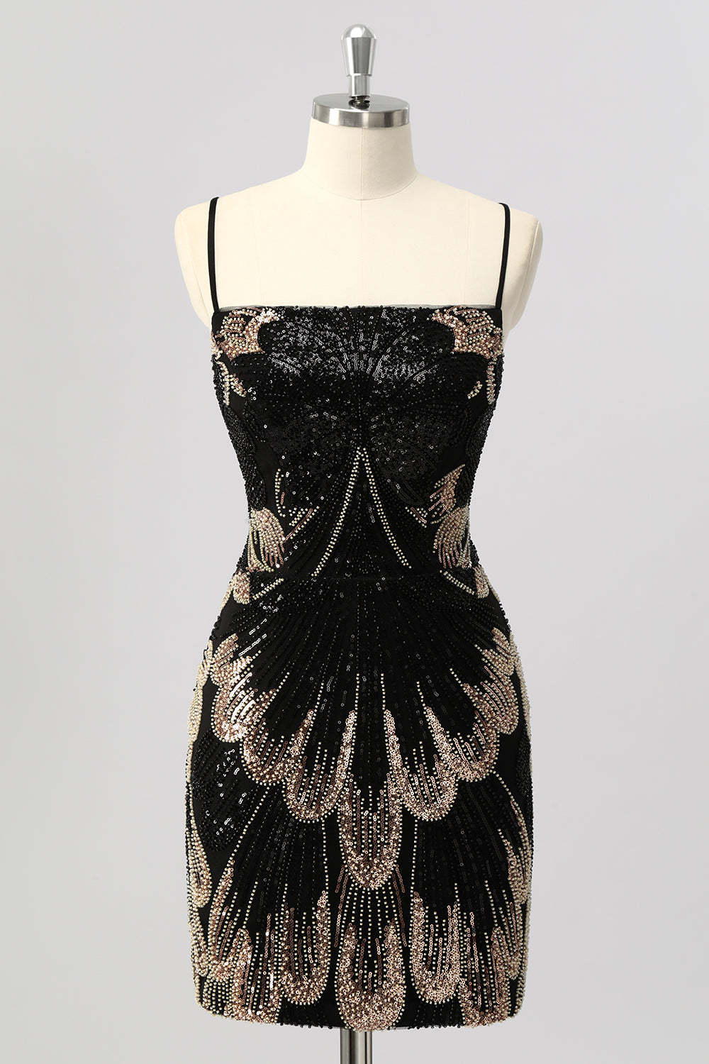 Leely Women Sparkly Black Tight Short Homecoming Dress Beaded Spaghetti Straps Lace Up Back Cocktail Dress with Sequins